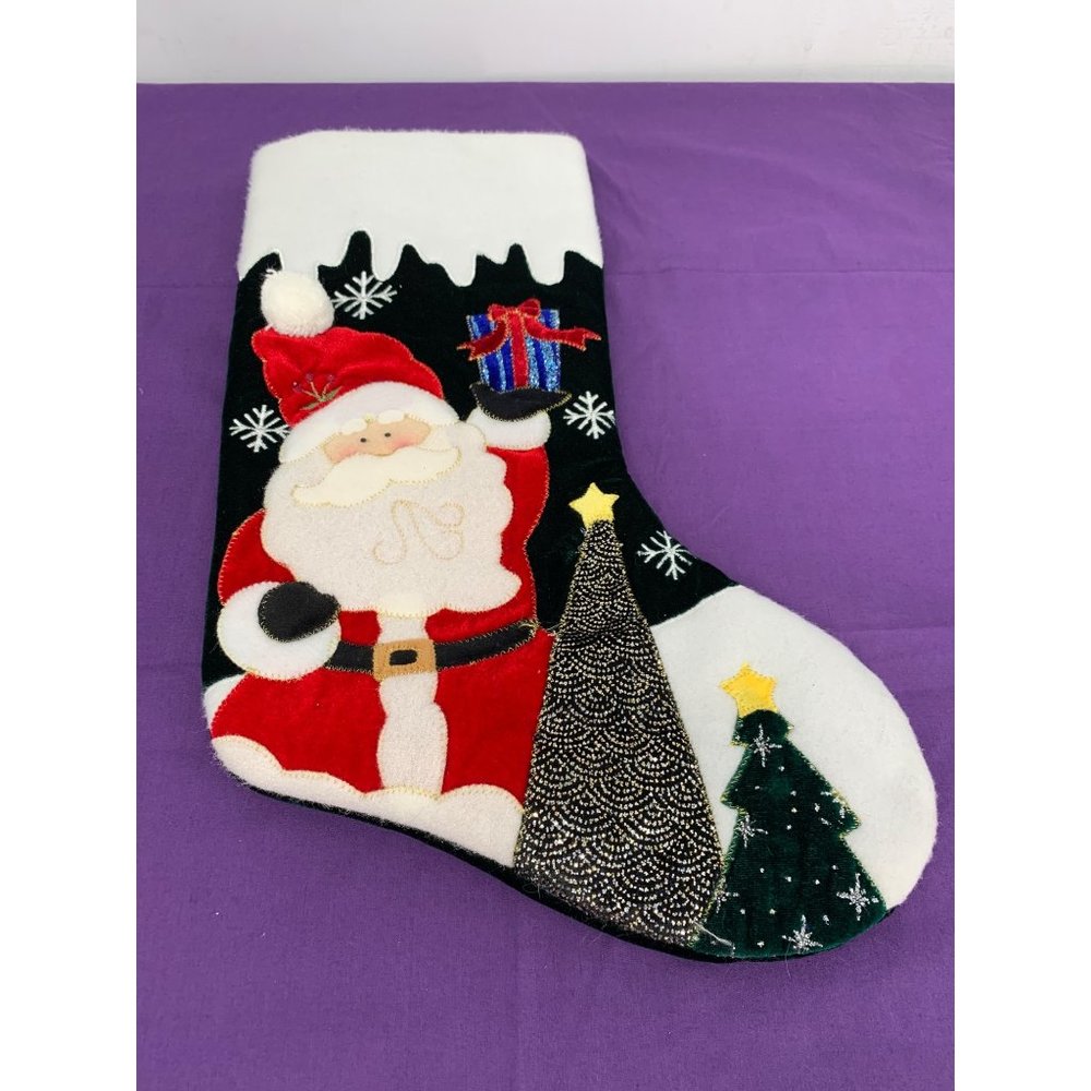 Finished Felted Homemade Vintage Christmas Stocking Santa with a gift and trees